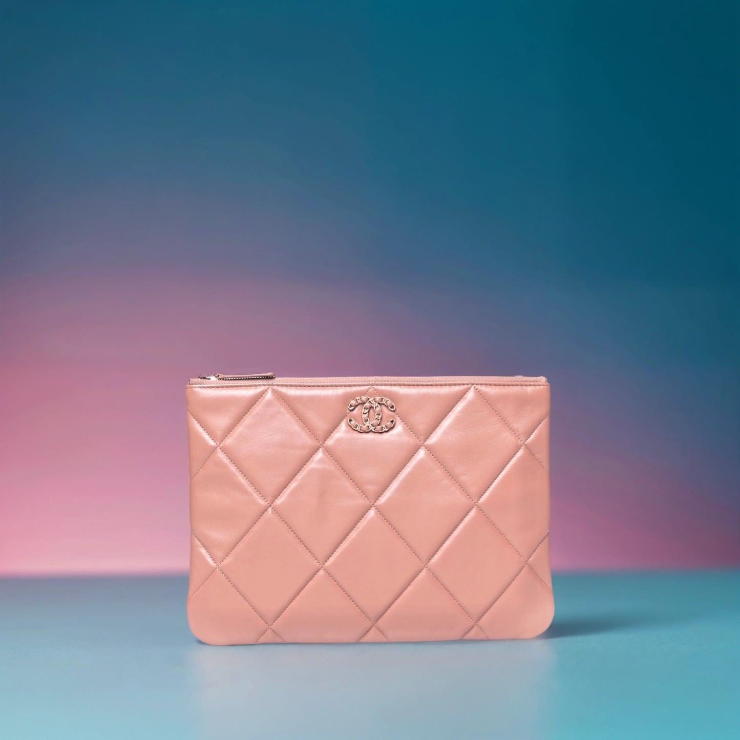 Goatskin Quilted Large Chanel 19 Pouch Light Pink