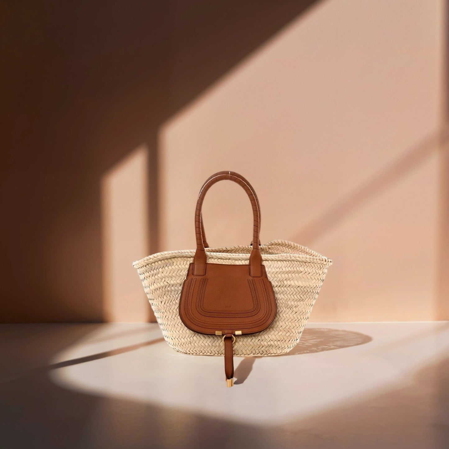 Raffia Small Grain Calfskin Medium Marcie Basket Tan