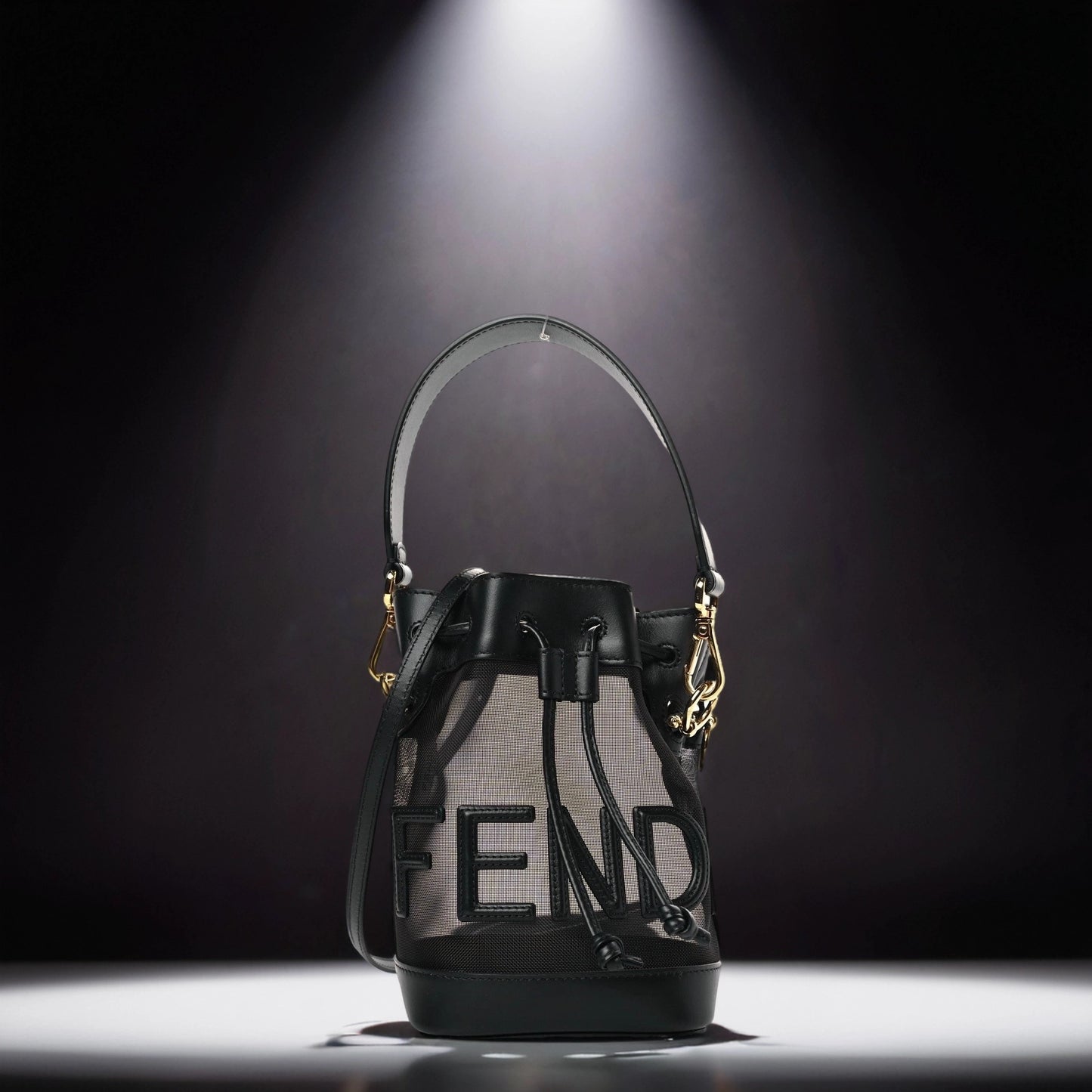 Mesh Vitello King F is Fendi Logo Embroidered Mini Mon Tresor Bucket Bag Black