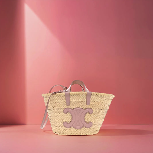 Raffia Calfskin Triomphe Teen Panier Vintage Pink