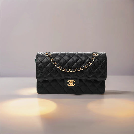 Caviar Quilted Medium Double Flap Black