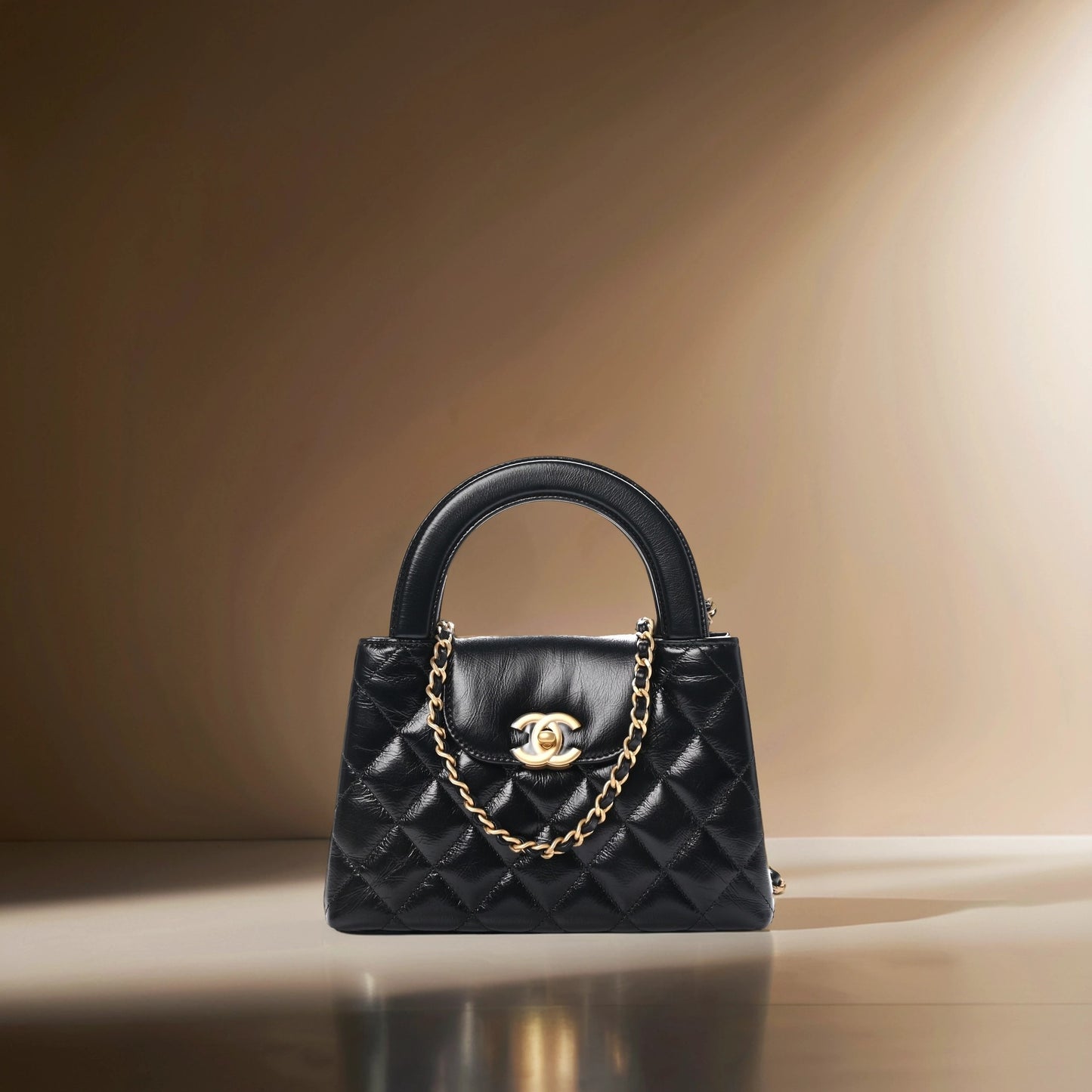 Shiny Aged Calfskin Quilted Nano Kelly Shopper Black