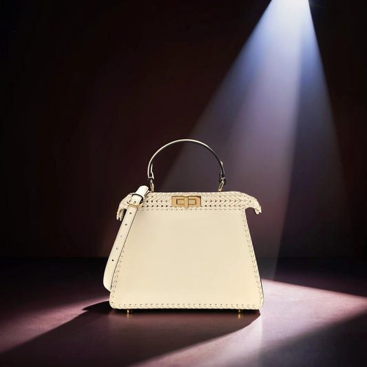 Vitello King Ceylon Shiny Nappa Woven Medium Peekaboo I SEE U Satchel White Ice