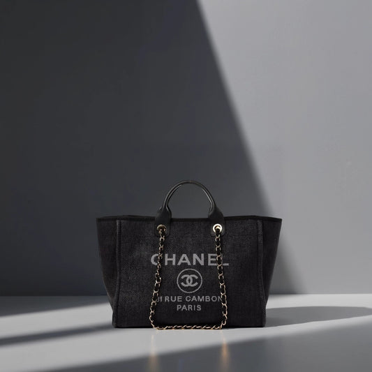 Woven Straw Raffia Medium Deauville Tote Black