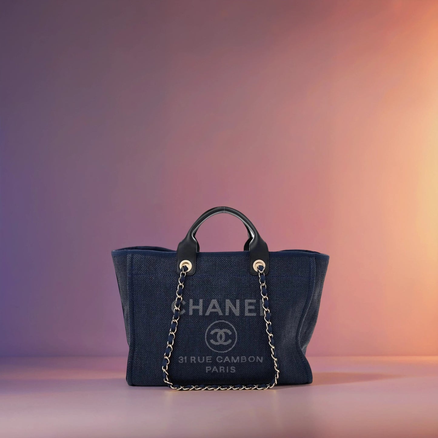 Woven Straw Raffia Medium Deauville Tote Navy