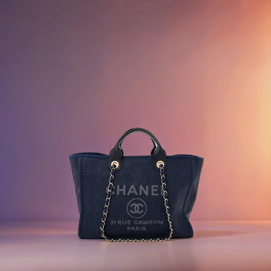 Woven Straw Raffia Medium Deauville Tote Navy