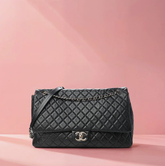 Calfskin Quilted XXL Travel Flap Bag Black