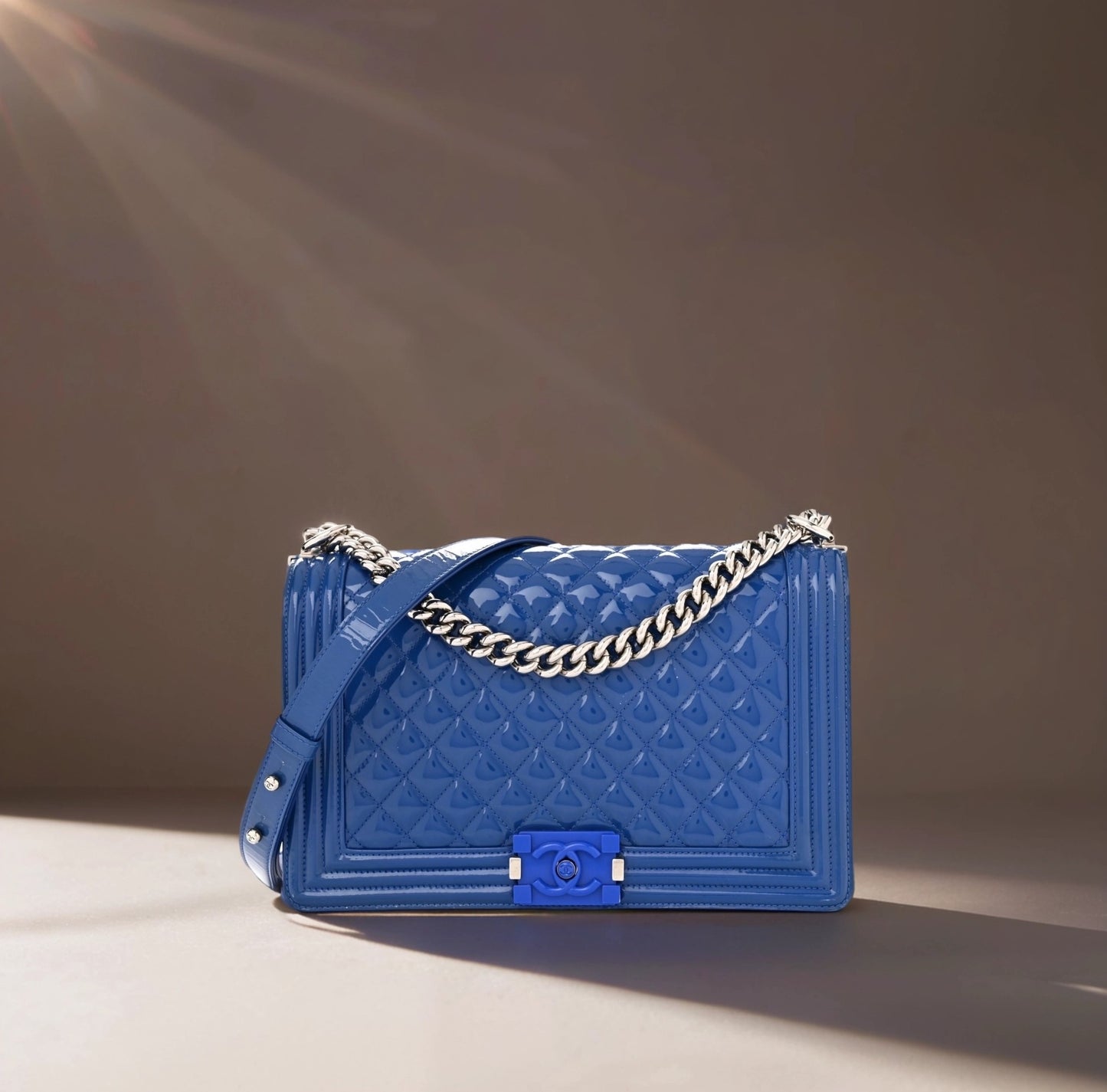 Blue Quilted Patent Leather New Medium Plexiglass Boy Bag