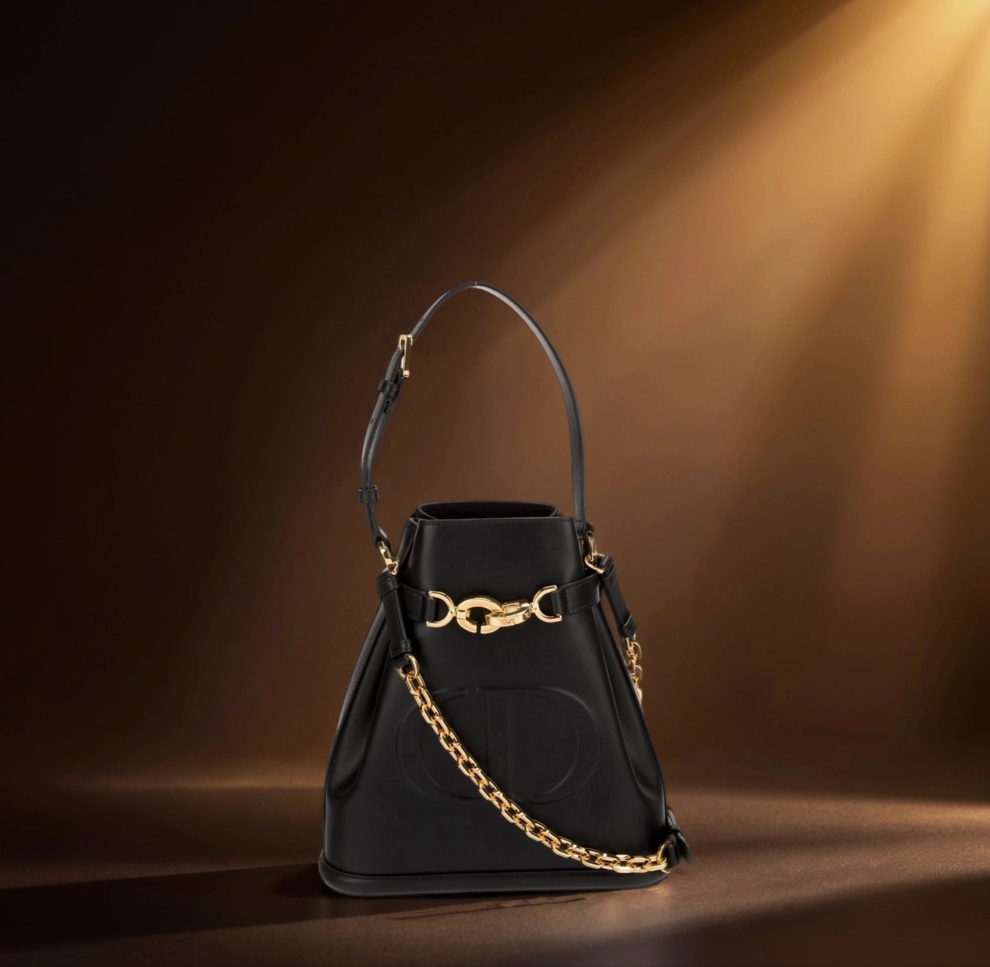 Calfskin CD Embossed Medium C'est Chain Bucket Bag Black