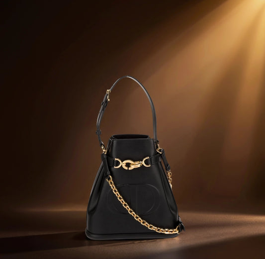 Calfskin CD Embossed Medium C'est Chain Bucket Bag Black