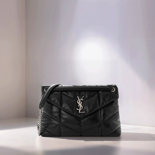 Lambskin Quilted Medium Loulou Puffer Monogram Chain Satchel Black