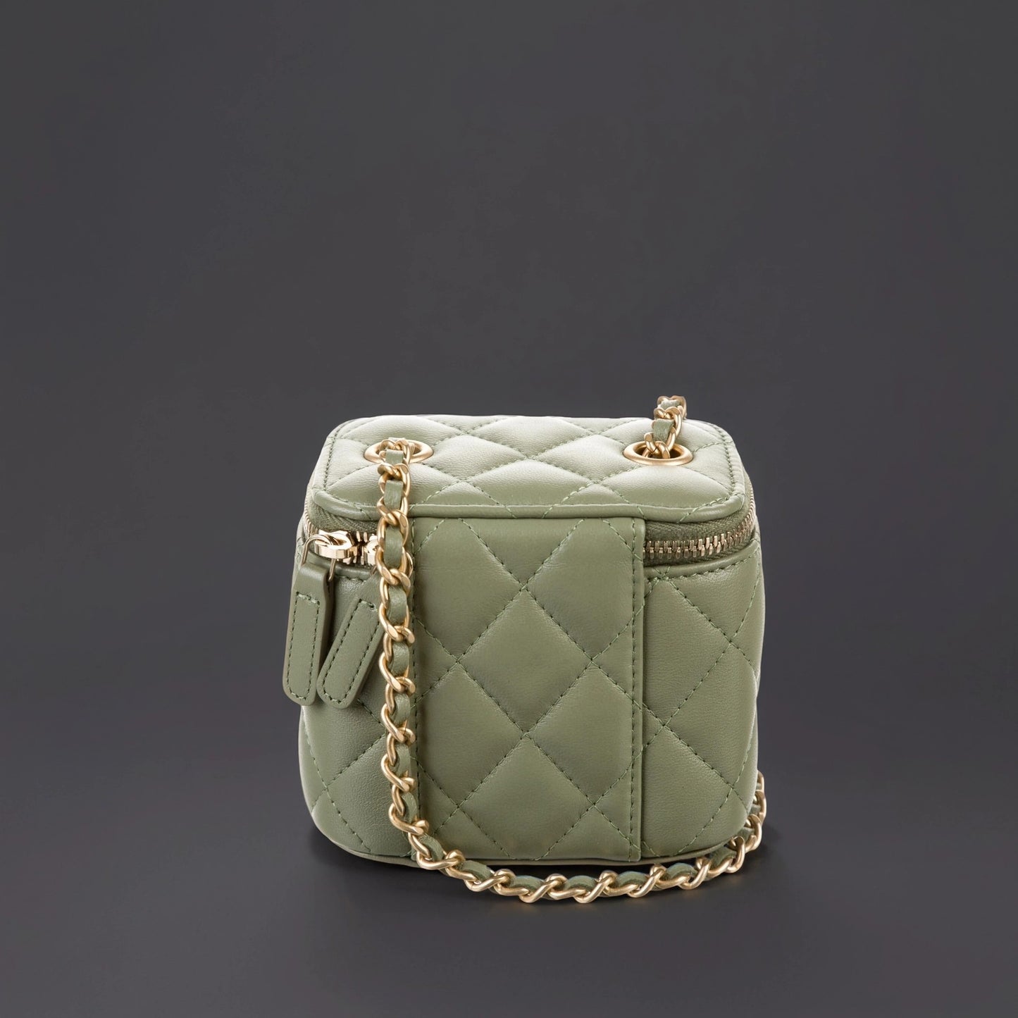 Lambskin Quilted Pearl Crush Mini Vanity Case With Chain Olive Green