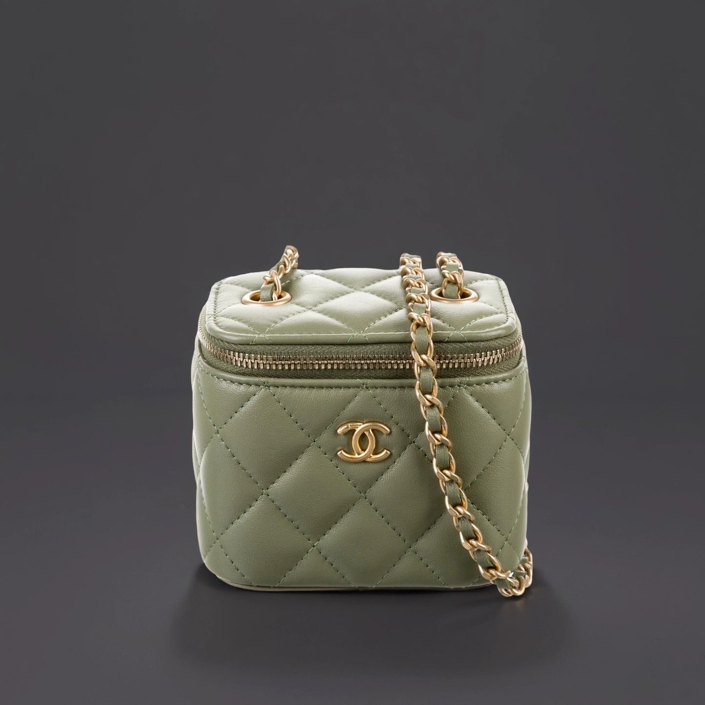 Lambskin Quilted Pearl Crush Mini Vanity Case With Chain Olive Green