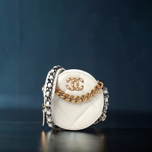 Goatskin Quilted Chanel 19 Round Clutch With Chain White