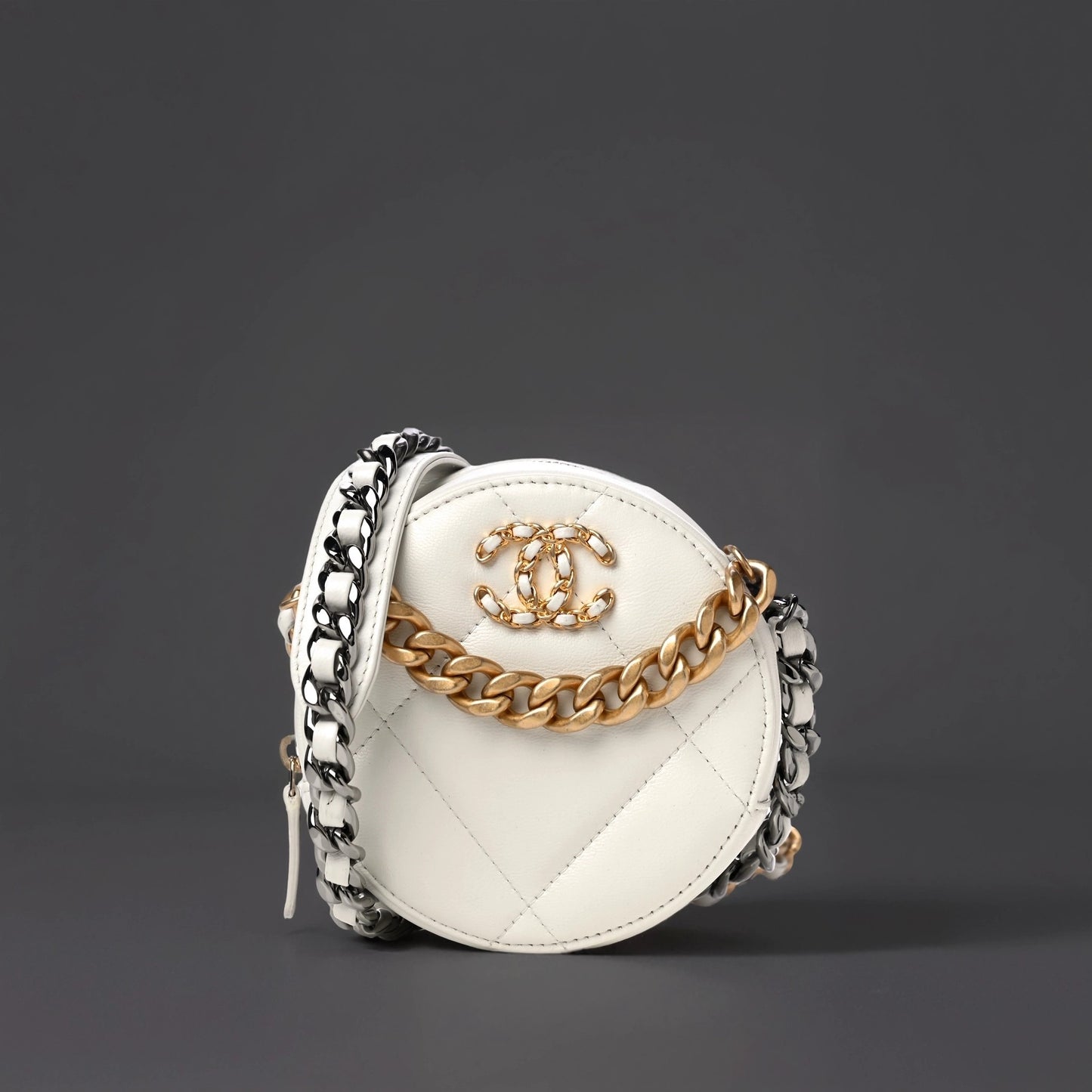 Goatskin Quilted Chanel 19 Round Clutch With Chain White