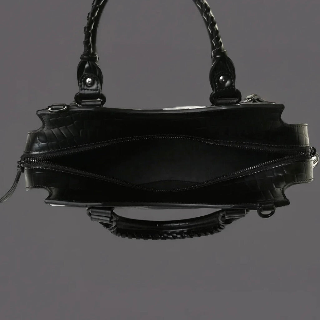 Semi Shiny Calfskin Crocodile Embossed Neo Classic Black Hardware S City Black