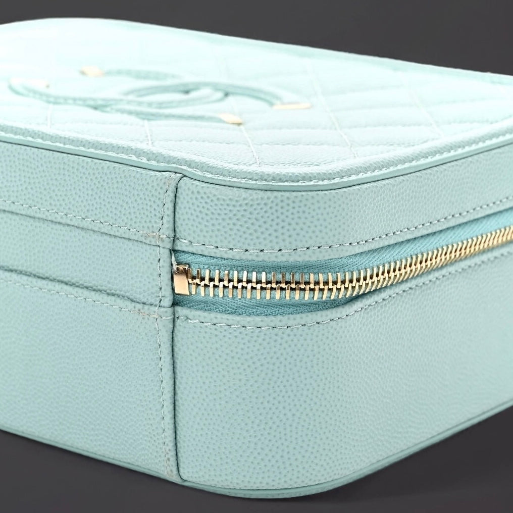 Caviar Quilted Medium CC Filigree Vanity Case Light Blue