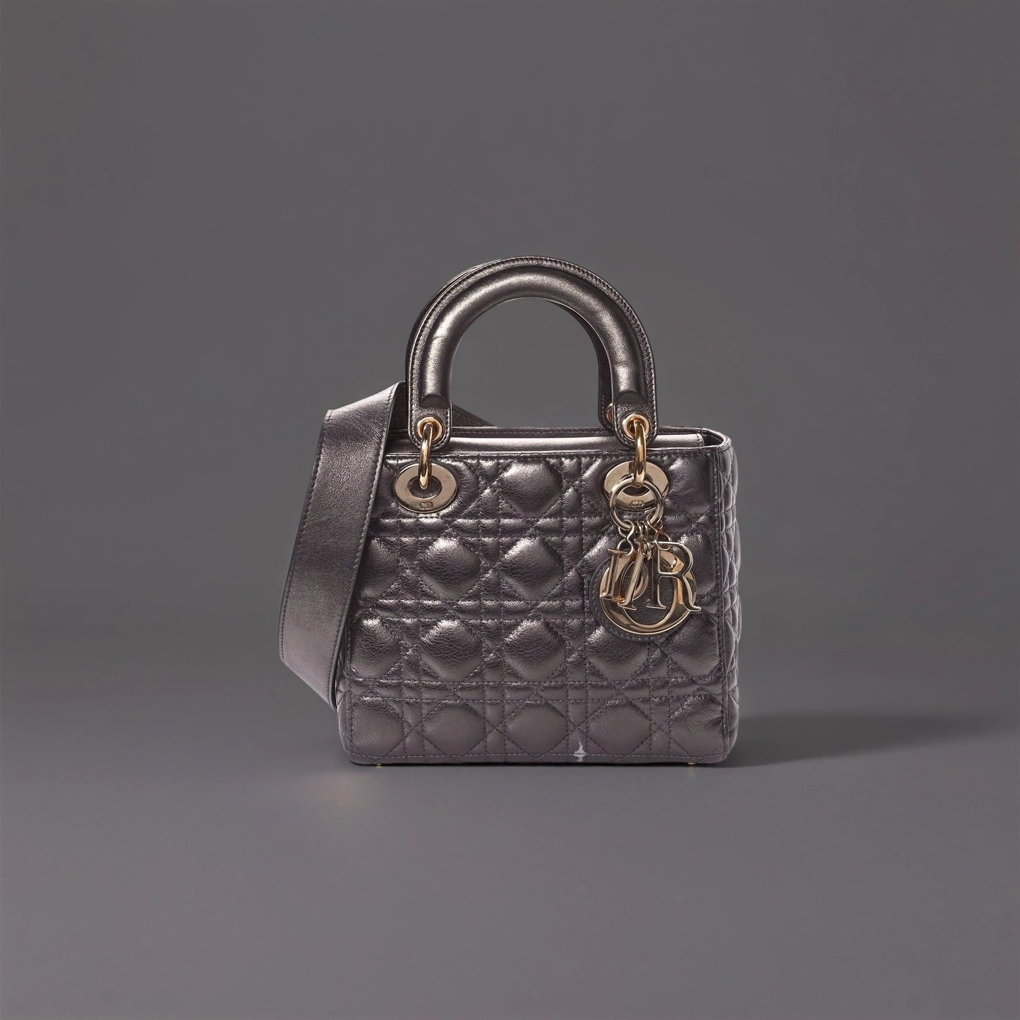 Metallic Grained Calfskin Cannage Small Lady Dior Gunmetal