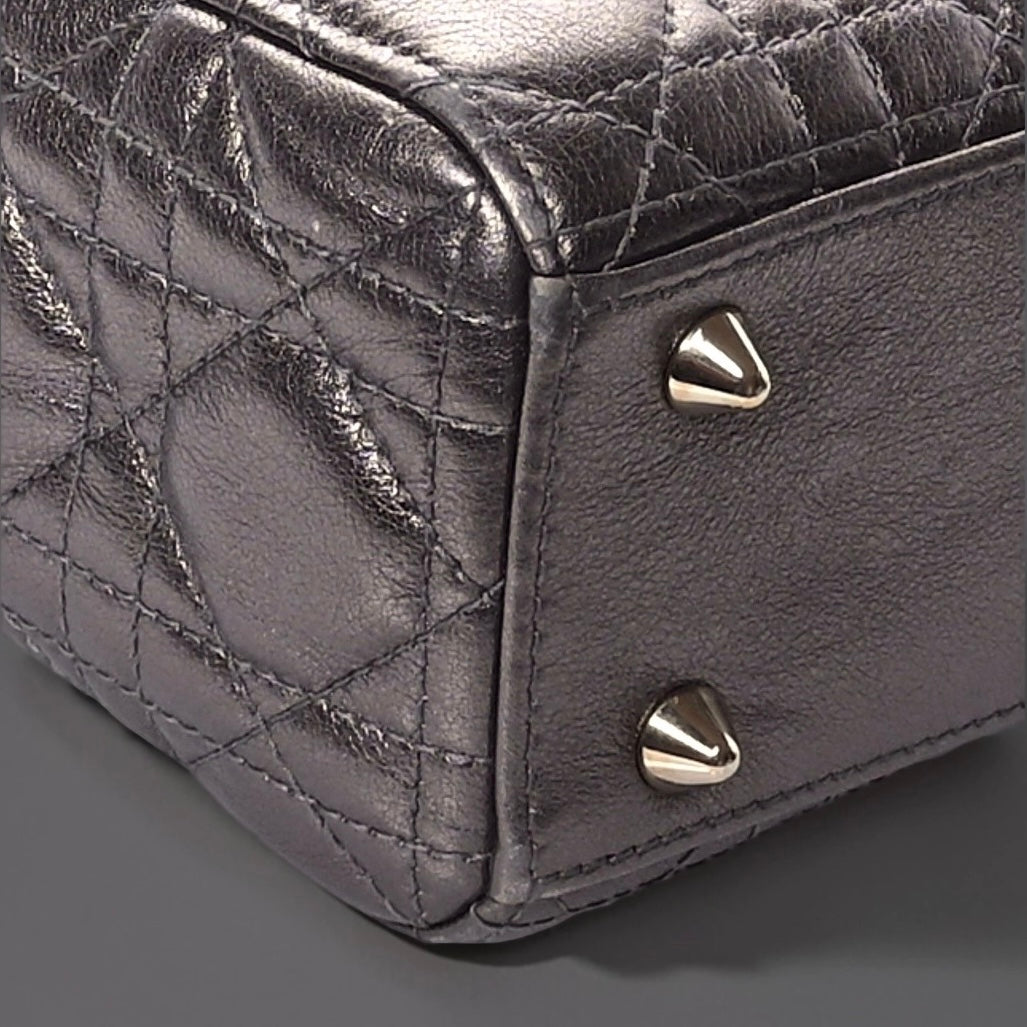 Metallic Grained Calfskin Cannage Small Lady Dior Gunmetal