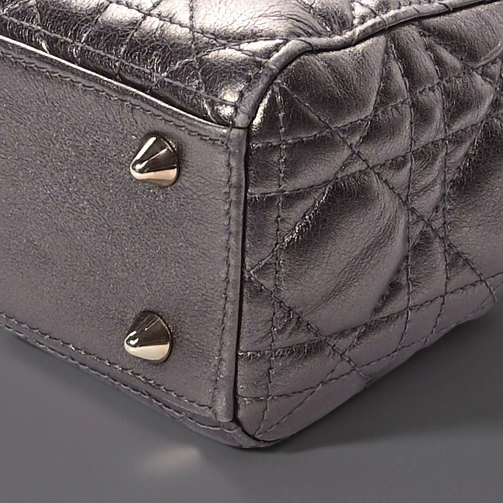 Metallic Grained Calfskin Cannage Small Lady Dior Gunmetal
