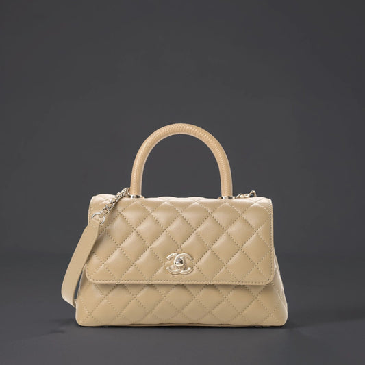 Caviar Lizard Embossed Quilted Mini Coco Handle Flap Dark Beige