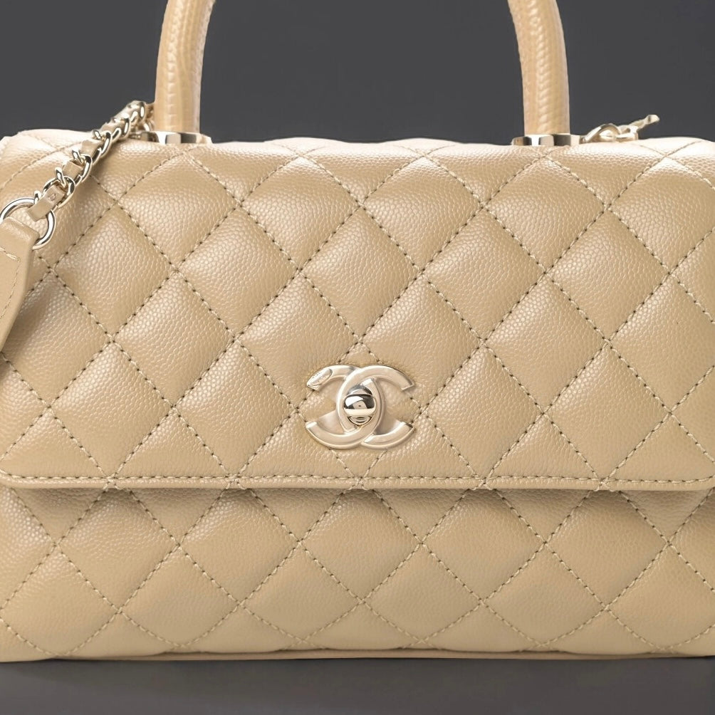Caviar Lizard Embossed Quilted Mini Coco Handle Flap Dark Beige