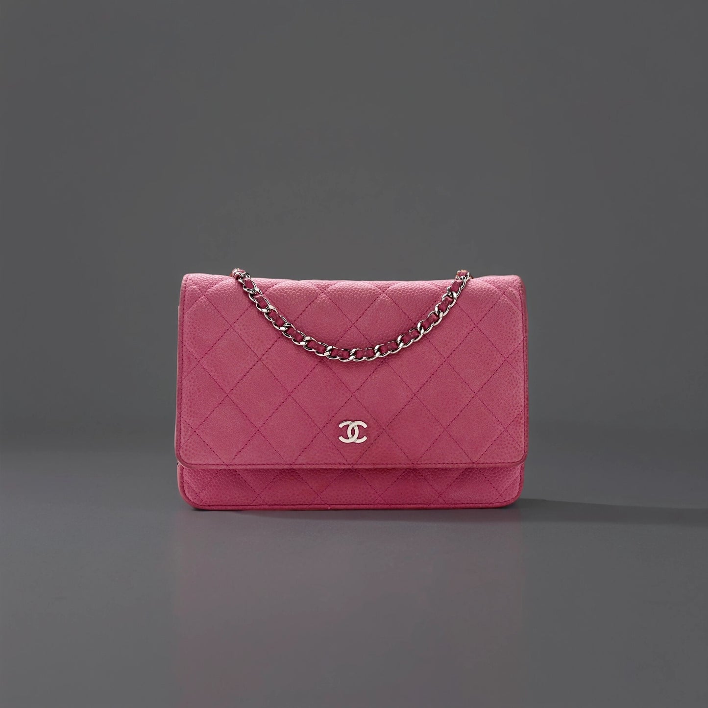 Iridescent Caviar Quilted Wallet on Chain WOC Pink