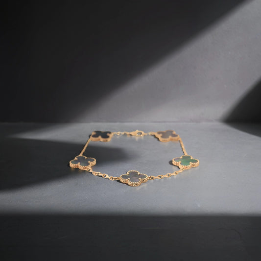 18K Yellow Gold Gray Mother of Pearl 5 Motifs Vintage Alhambra Bracelet