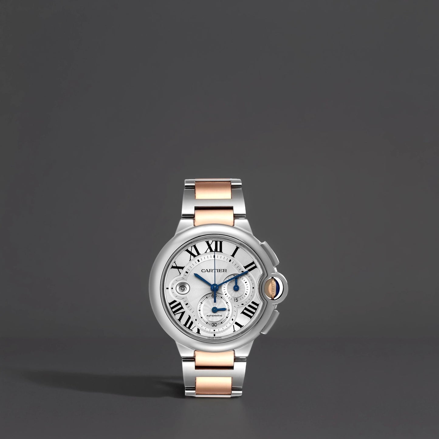 Cartier Ballon Bleu Chronograph Steel Rose Gold Silver Dial Watch