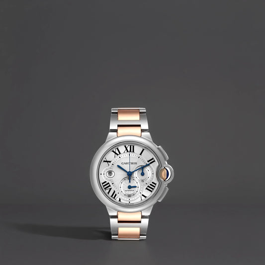 Cartier Ballon Bleu Chronograph Steel Rose Gold Silver Dial Watch