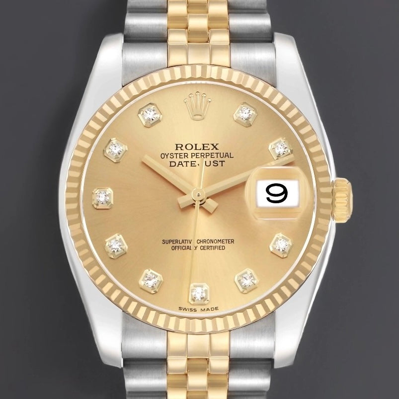 Rolex Datejust 36 Steel Yellow Gold Champagne Diamond Dial Watch