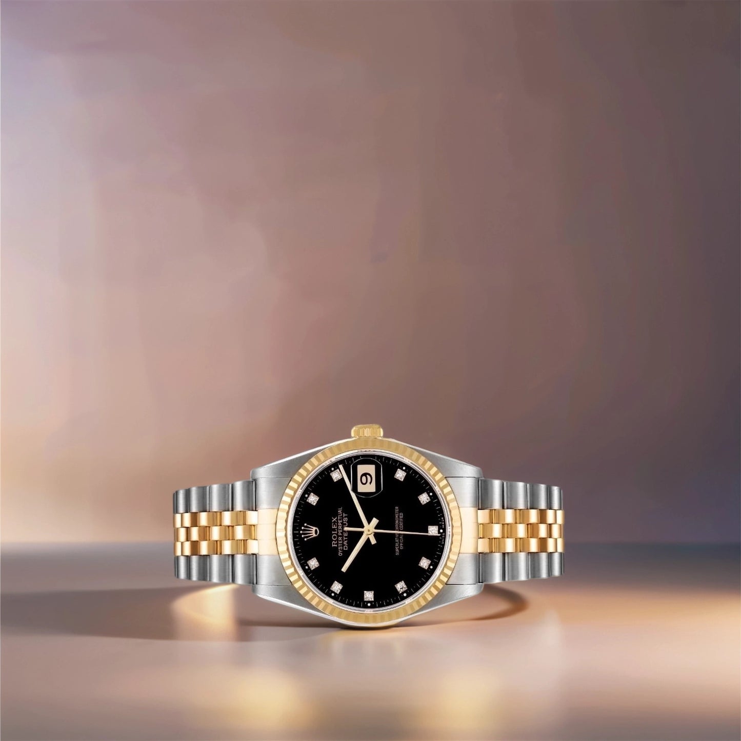 Rolex Datejust 36mm Steel Yellow Gold Black Diamond Dial Watch