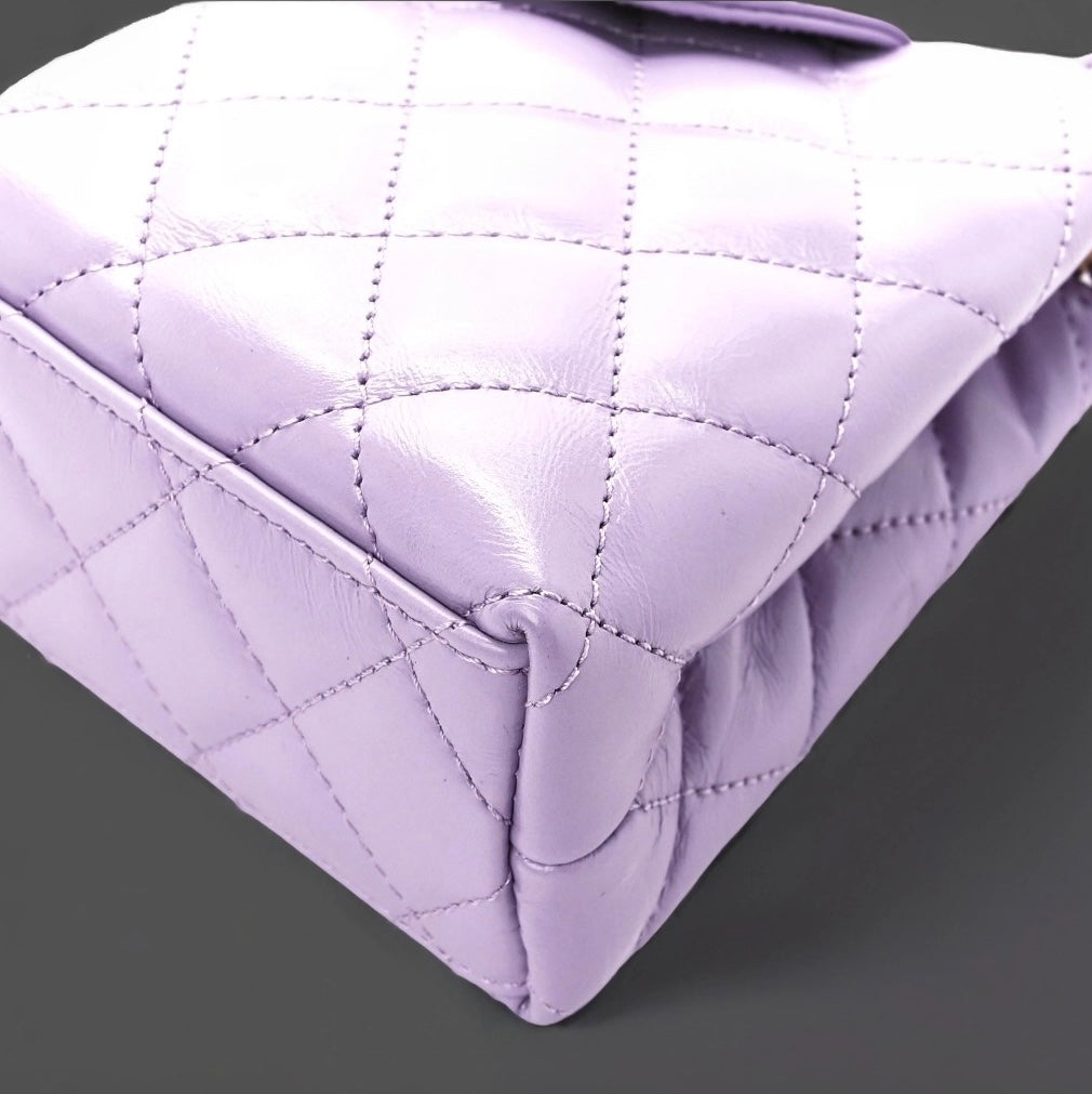 Shiny Aged Calfskin Quilted Nano Kelly Shopper Lilac