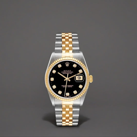 Rolex Datejust 36 Steel Yellow Gold Black Diamond Dial Watch