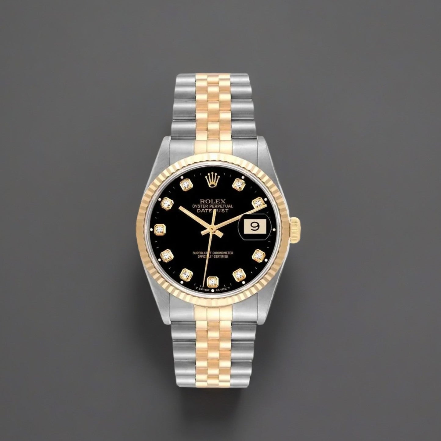 Rolex Datejust Midsize Steel Yellow Gold Black Diamond Ladies Watch