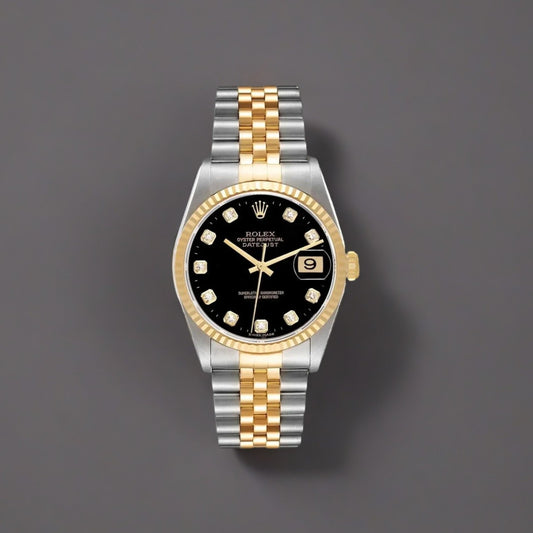Rolex Datejust 36 mm Steel Yellow Gold Black Diamond Dial Watch