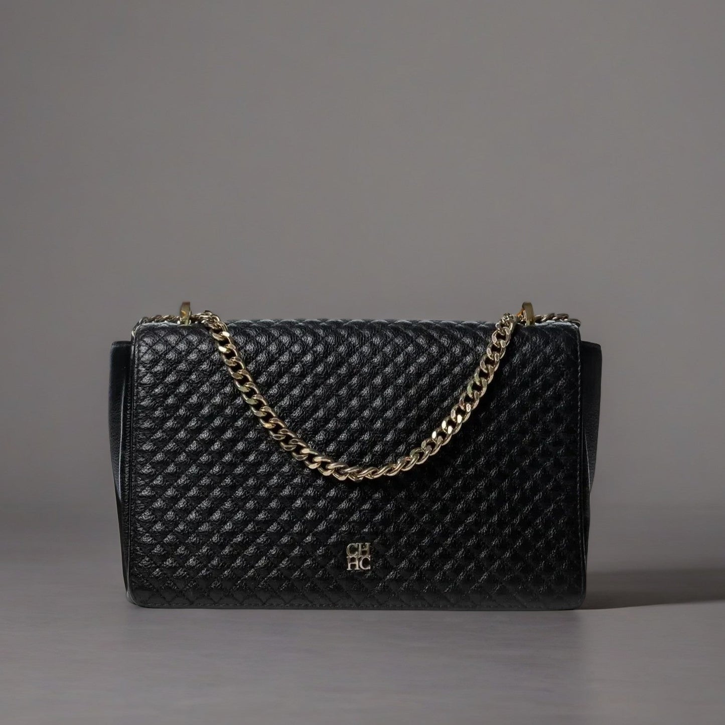 CAROLINA HERRERA BLACK QUILTED LEATHER FLAP CHAIN SHOULDER BAG