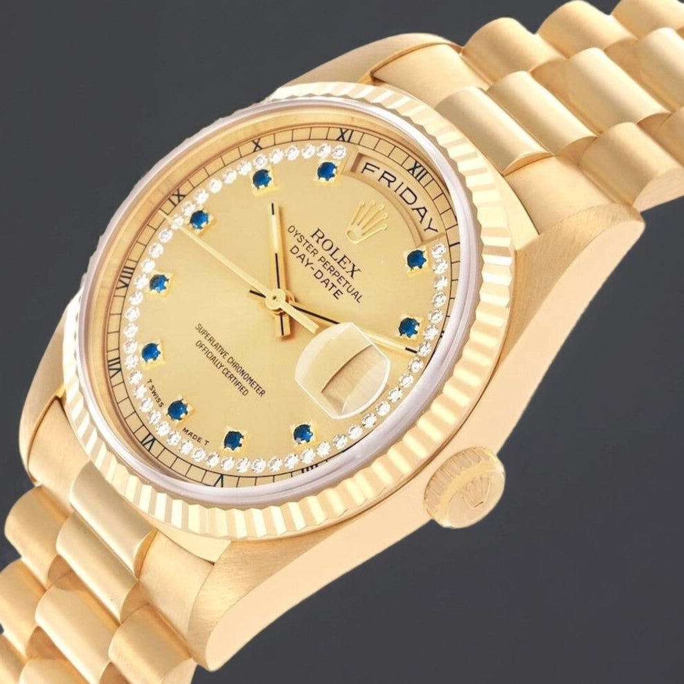 Rolex President 36mm Day-Date Yellow Gold String Diamond Watch