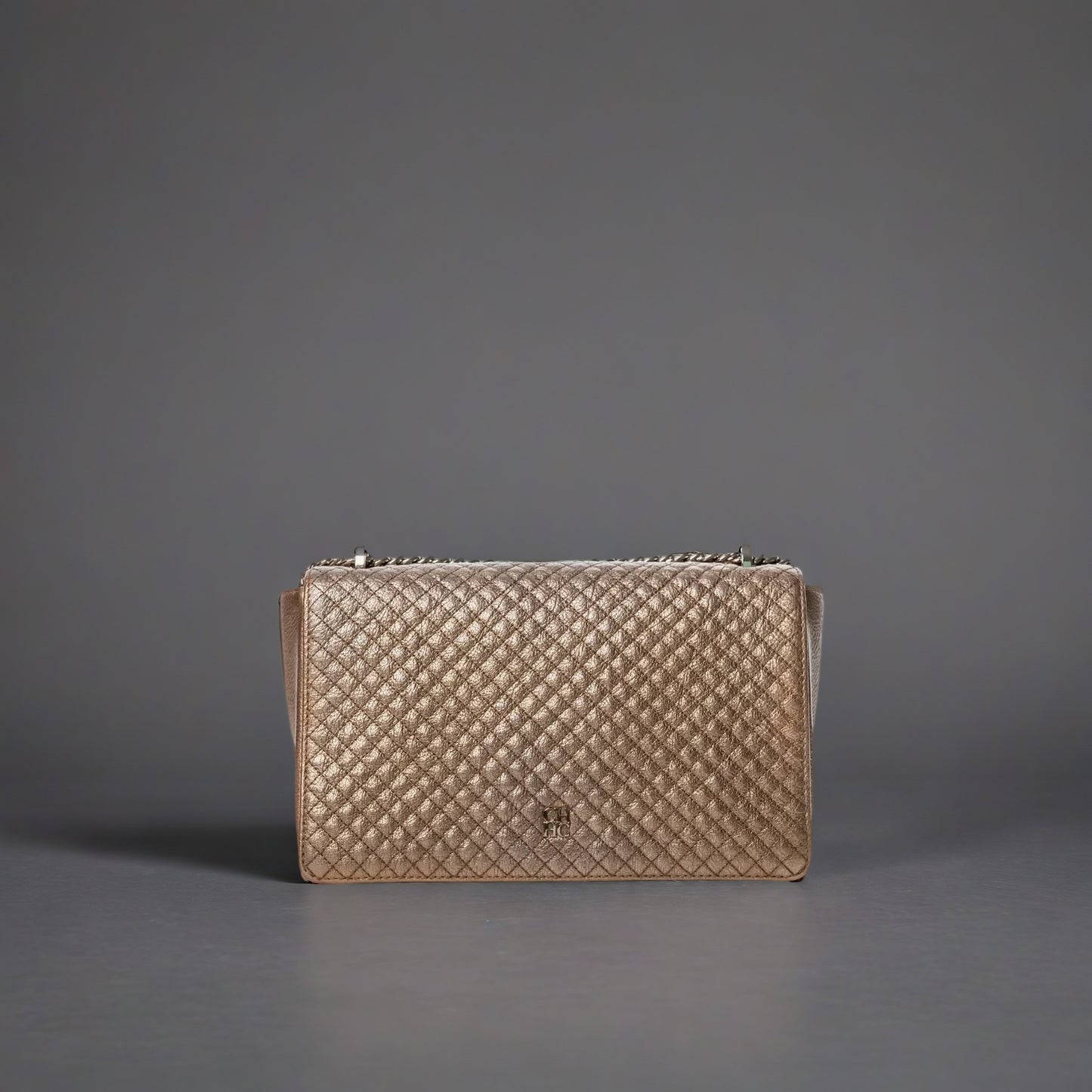 CAROLINA HERRERA GOLD QUILTED LEATHER FLAP CHAIN SHOULDER BAG