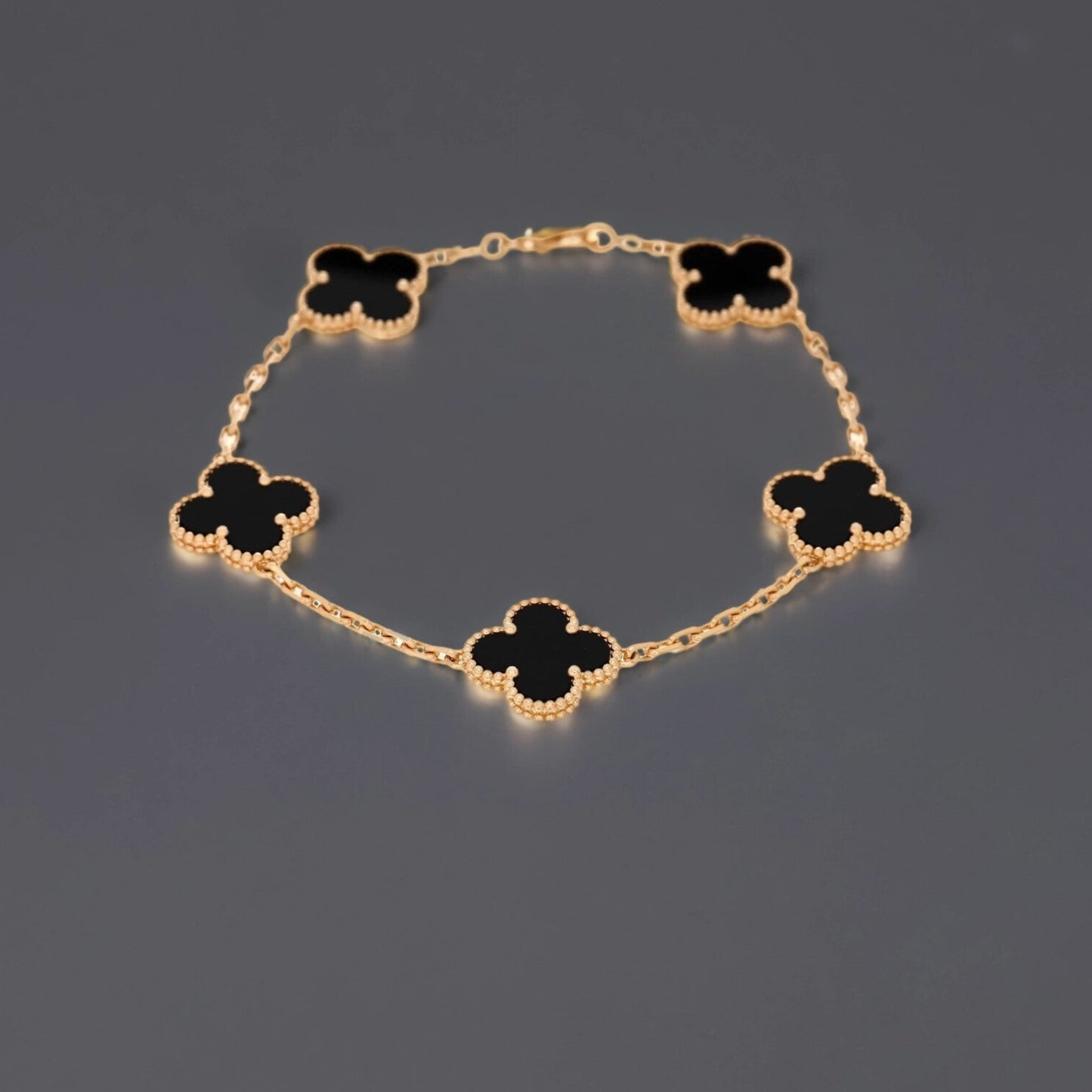 18K Yellow Gold Black Onyx 5 Motifs Vintage Alhambra Bracelet