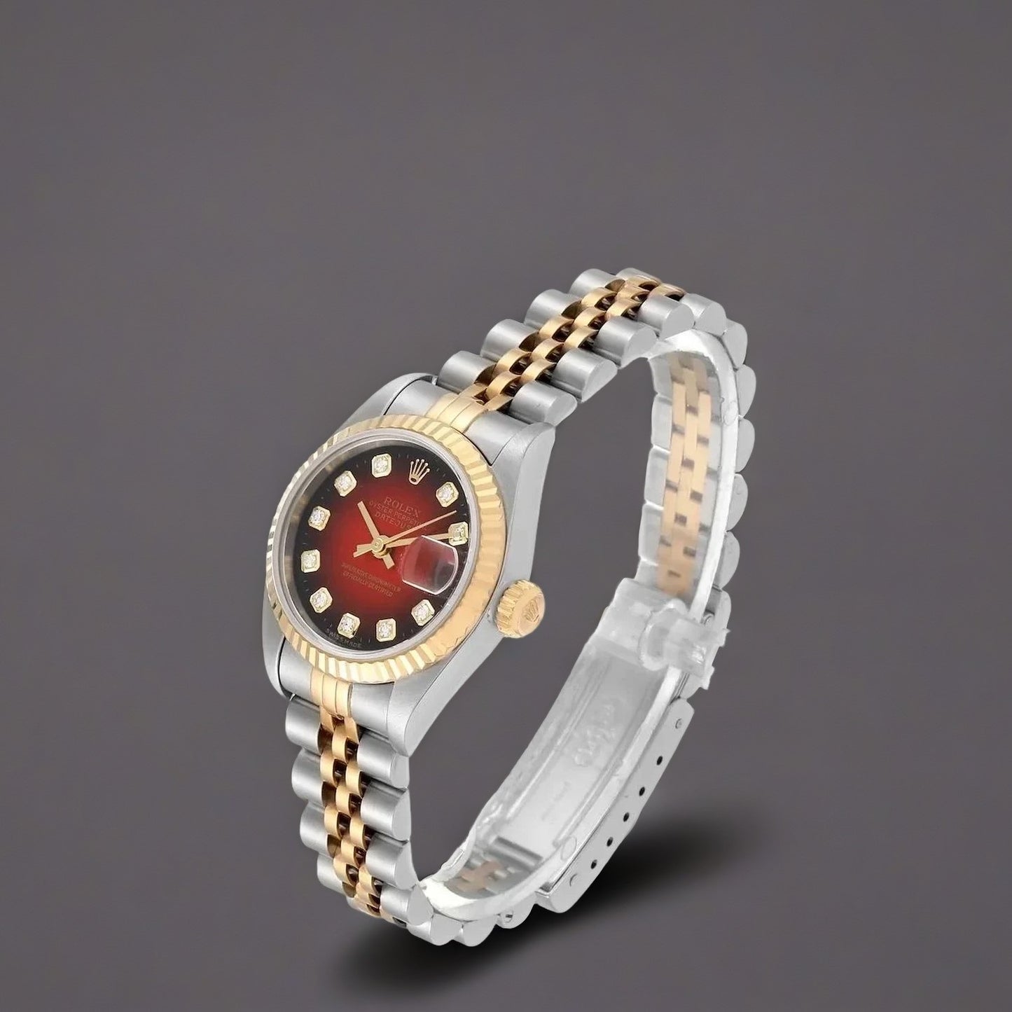 Rolex Datejust 26mm Steel Yellow Gold Red Vignette Diamond Dial Watch