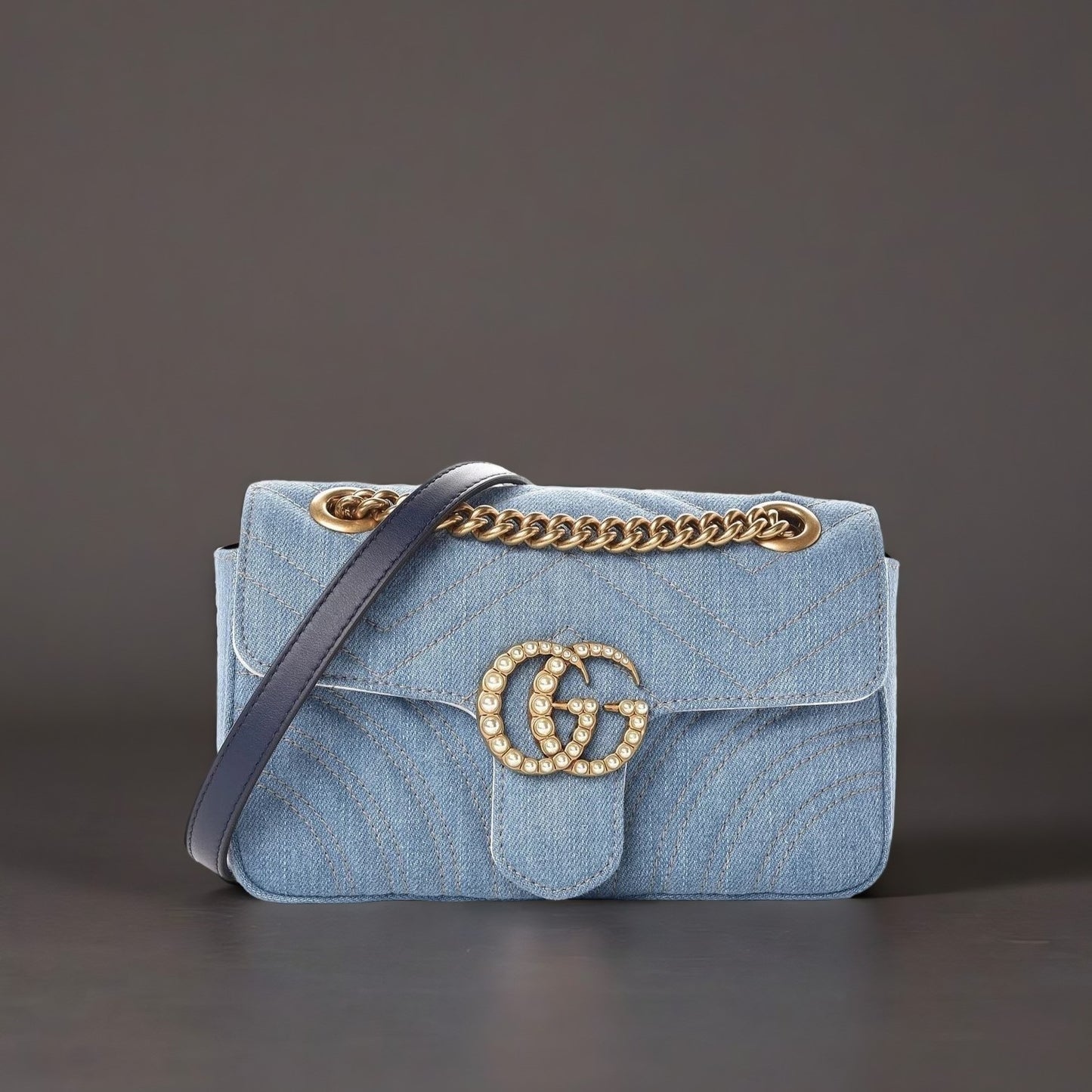 Denim Matelasse Mini Pearly GG Marmont Shoulder Bag Blue