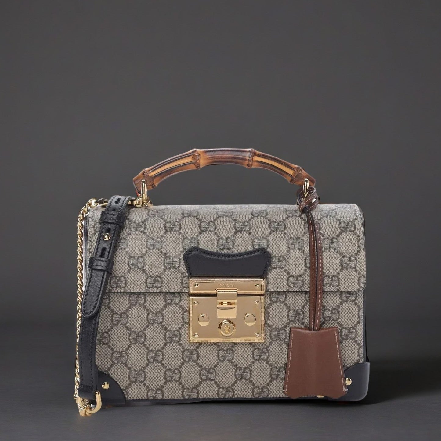 GG Supreme Monogram Small Padlock Bamboo Shoulder Bag Black