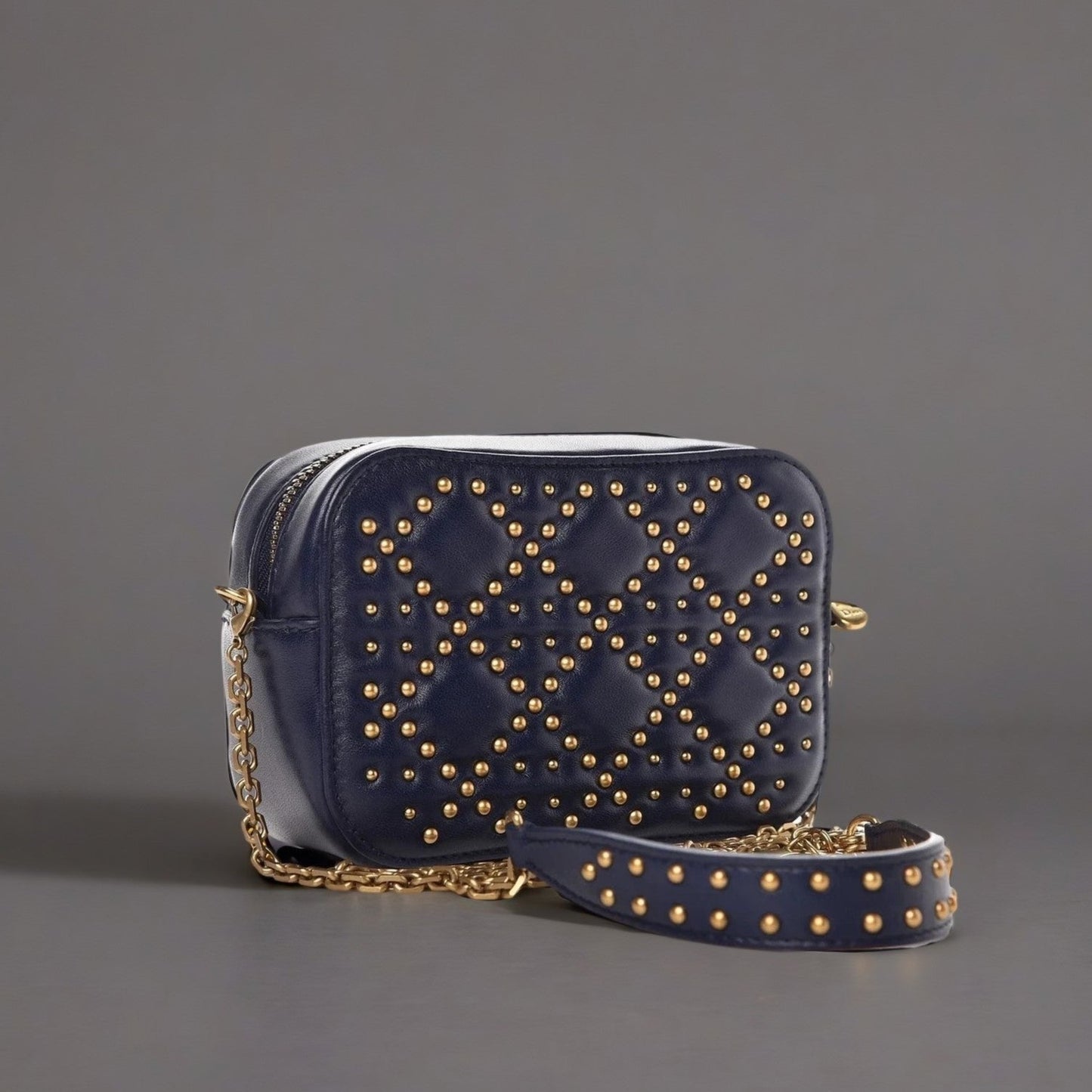 Lambskin Cannage Studded Lady Dior Camera Case Pouch Blue