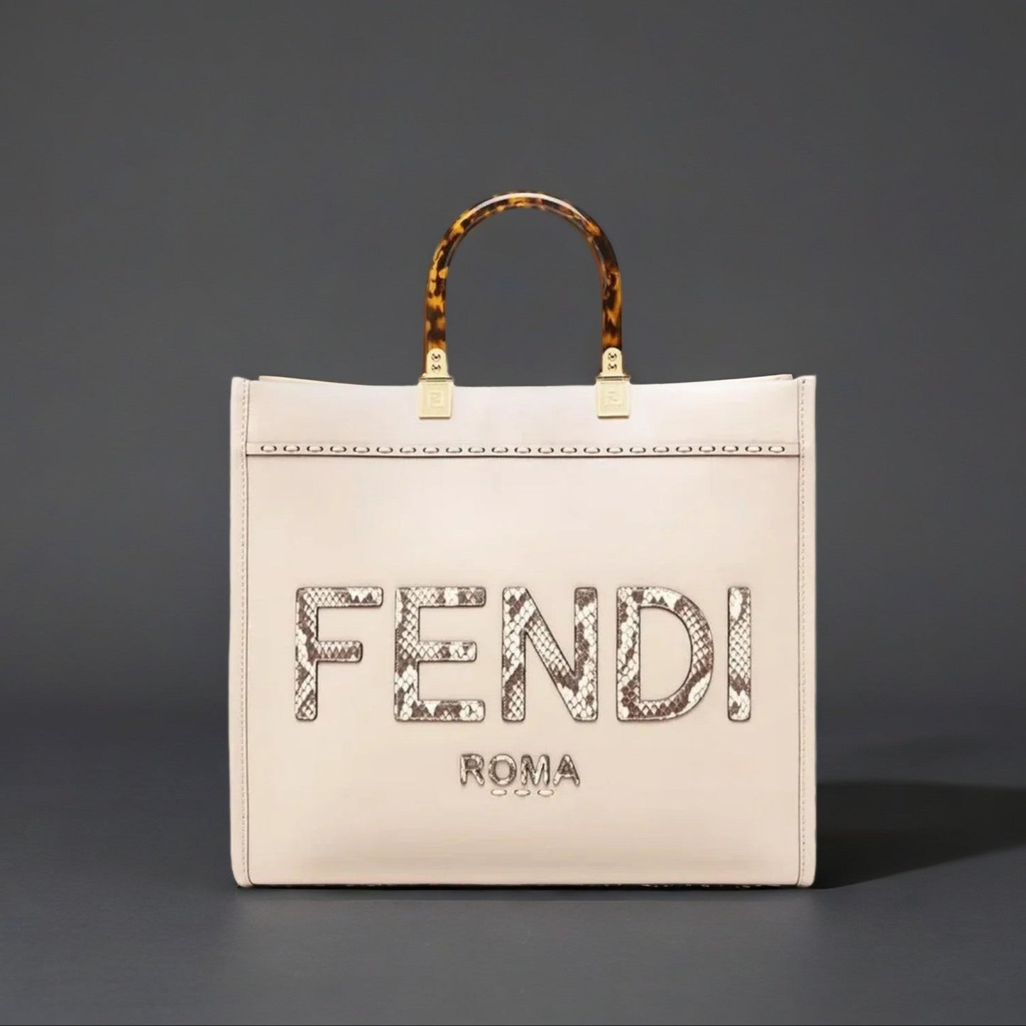 Calfskin Plexiglass Elaphe Python Print Medium Fendi Sunshine Shopper Tote Beige