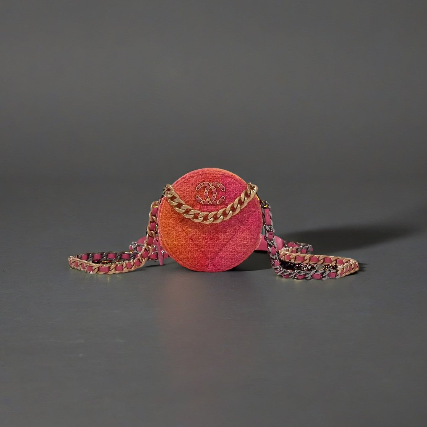 Wool Tweed Lambskin Quilted Chanel 19 Round Clutch Pink And Orange