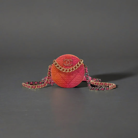 Wool Tweed Lambskin Quilted Chanel 19 Round Clutch Pink And Orange