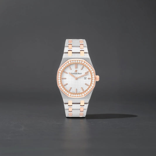 AUDEMARS PIGUET 18K Rose Gold Diamond 33mm Royal Oak Quartz Watch White