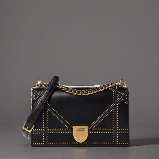 Lambskin Studded Medium Diorama Flap Bag Black