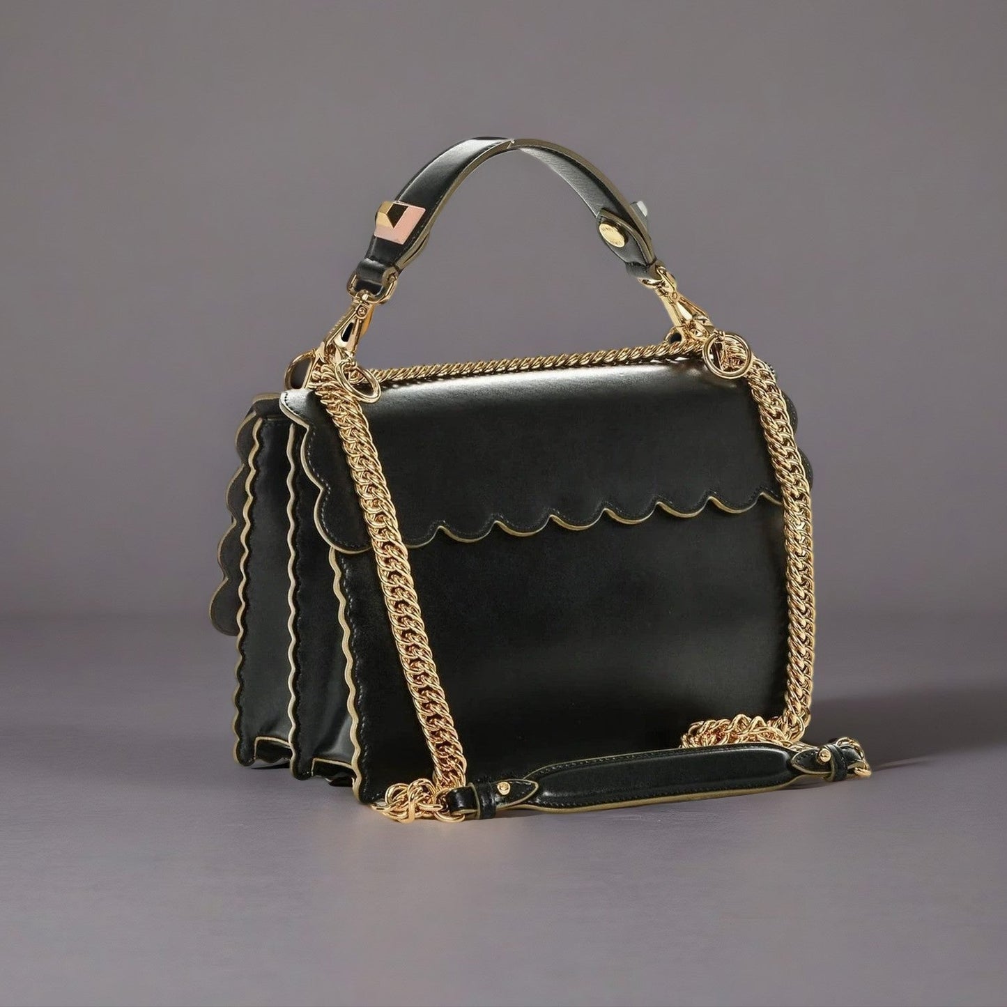 Smooth Calfskin Scalloped Studded Kan I Shoulder Bag Black